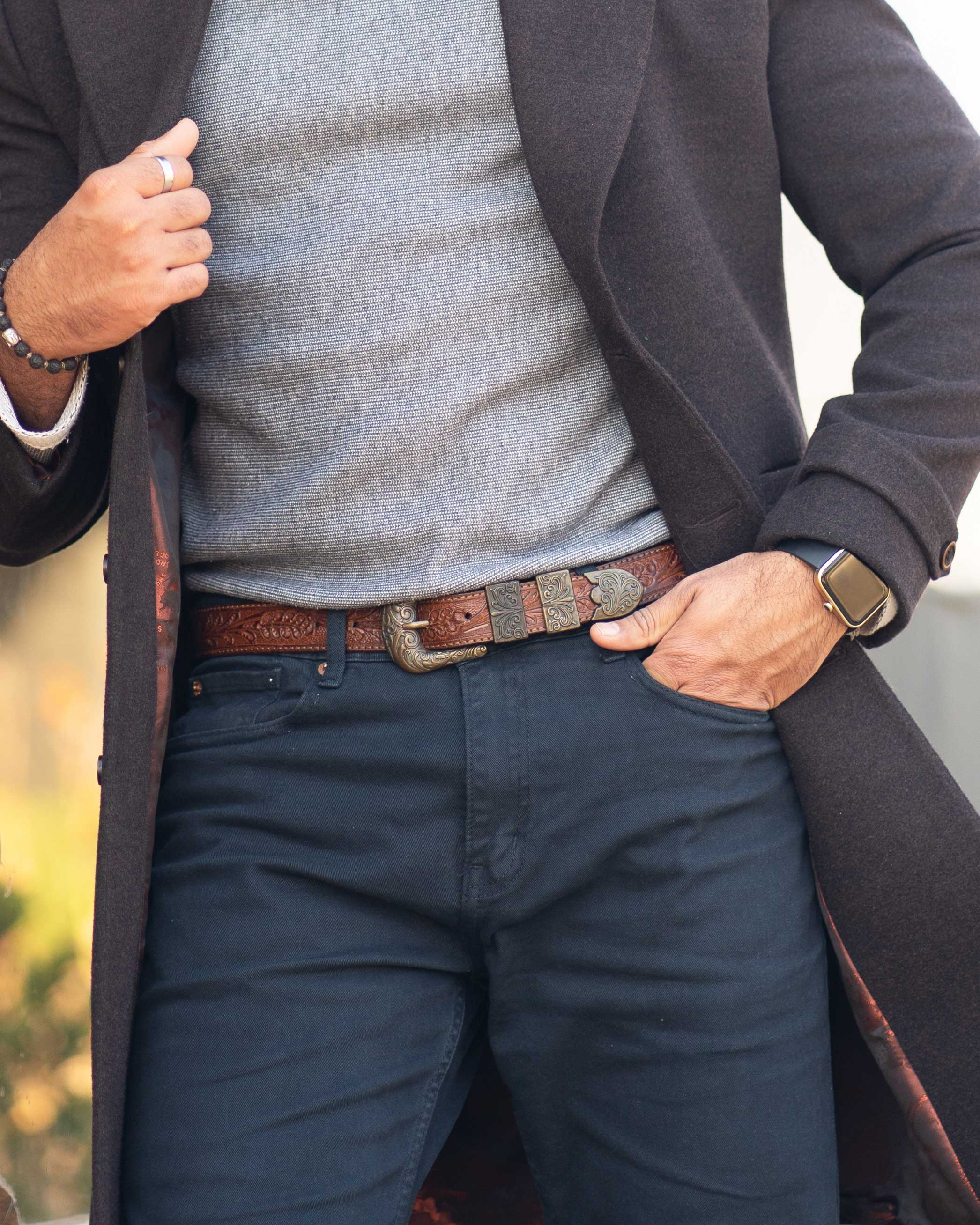 StacheMan's Classic Tan Golden Leather Tooled Belt