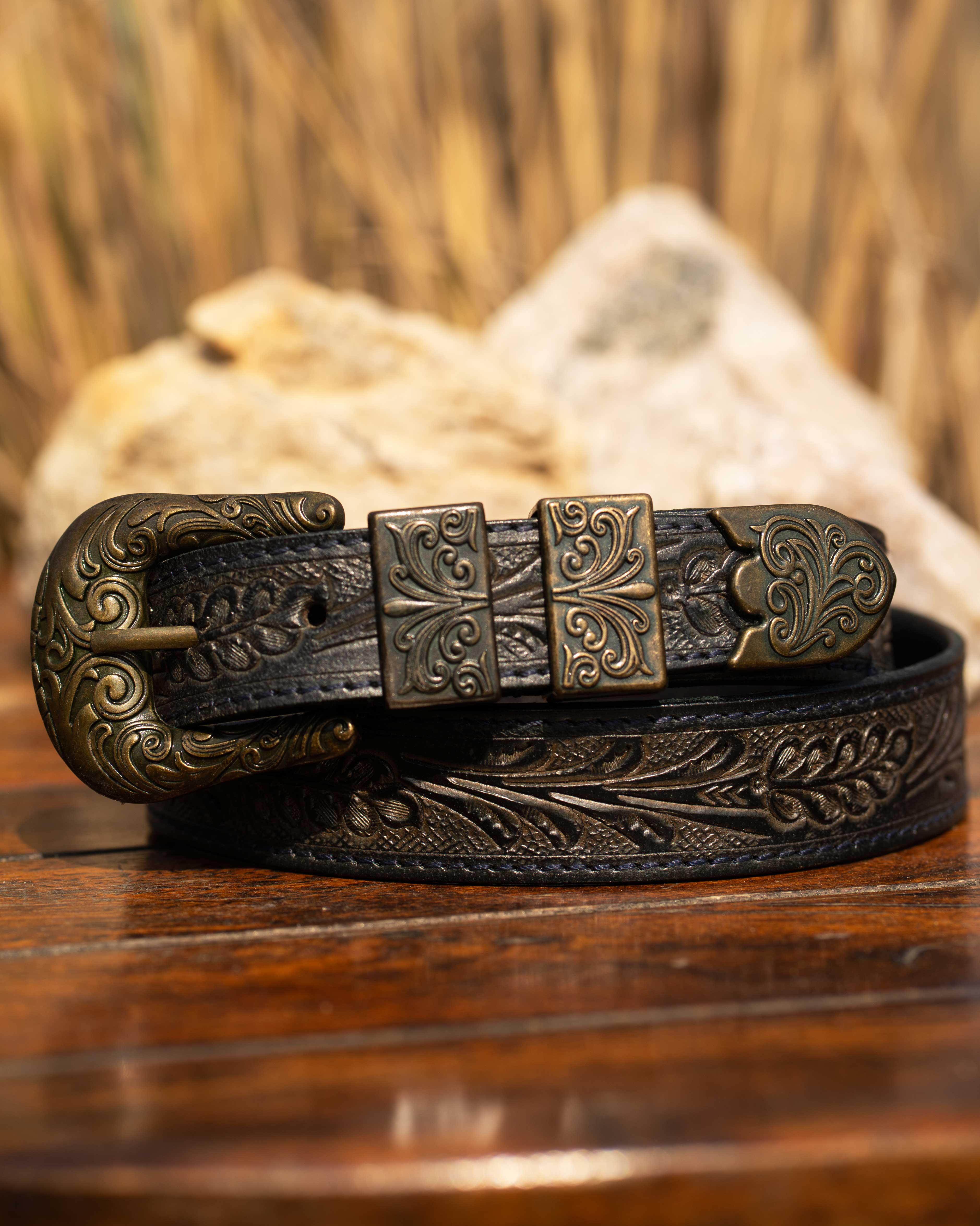 StacheMan's Dark Denim Blue Golden Leather Tooled Belt