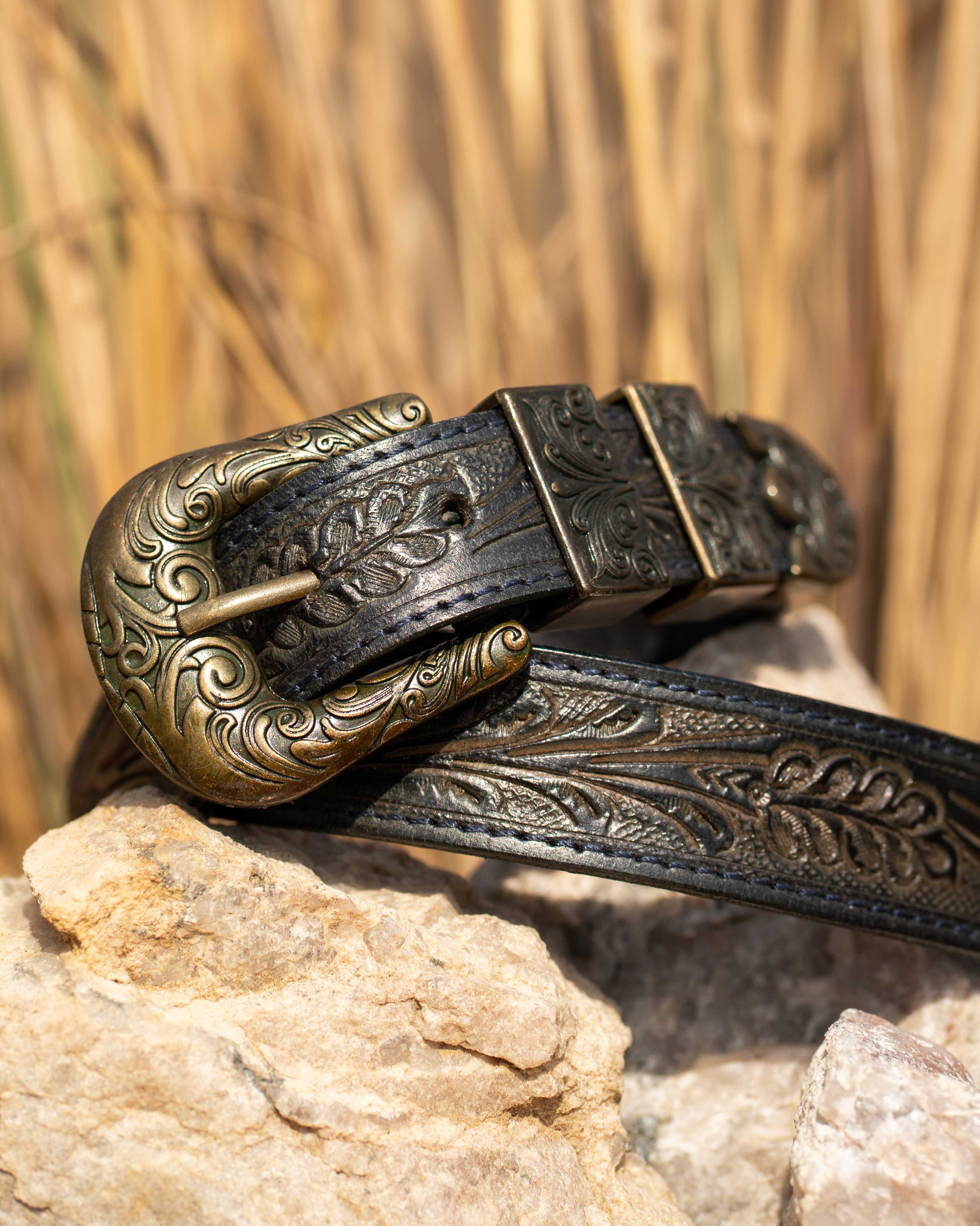 StacheMan's Dark Denim Blue Golden Leather Tooled Belt