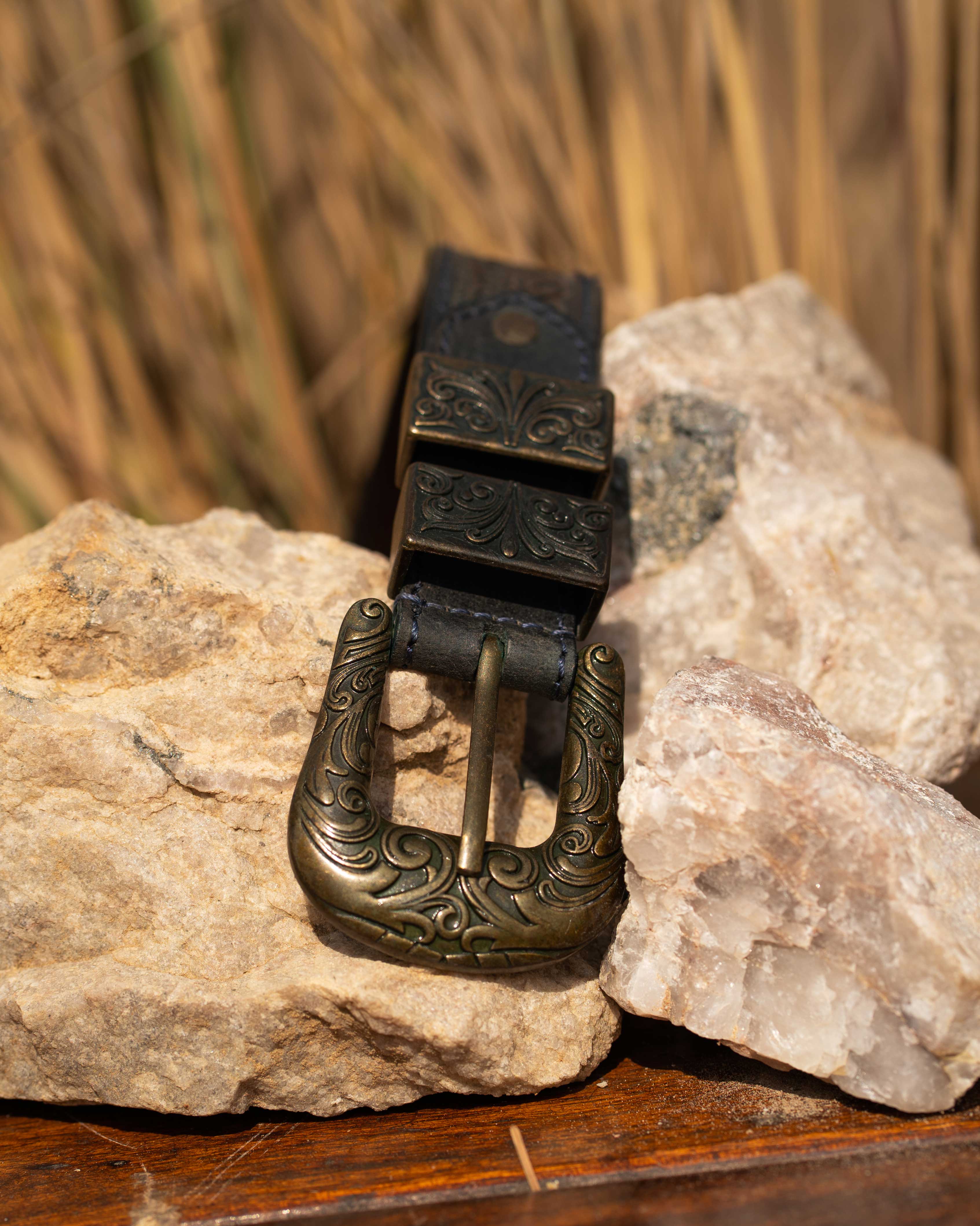 StacheMan's Dark Denim Blue Golden Leather Tooled Belt