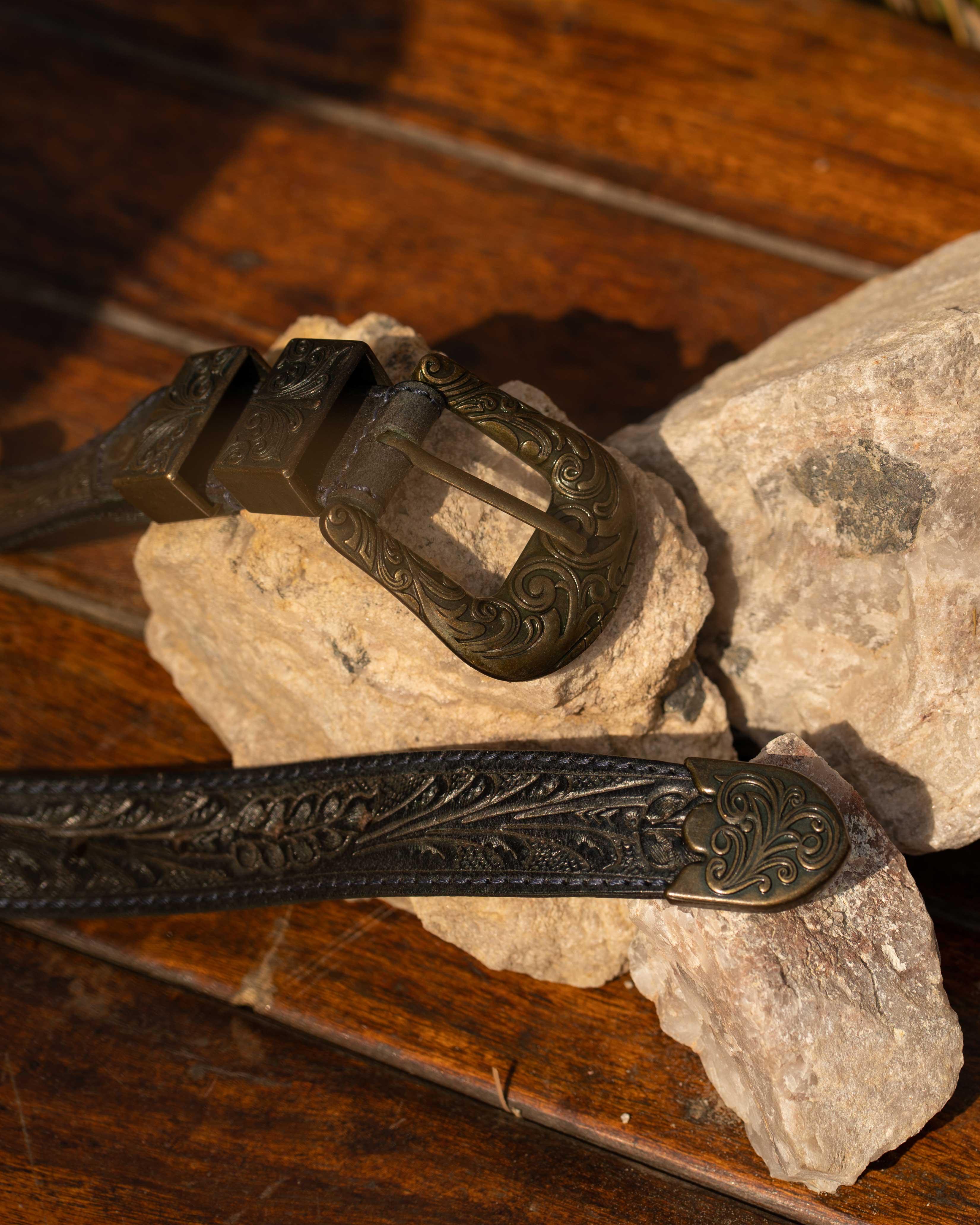 StacheMan's Dark Denim Blue Golden Leather Tooled Belt