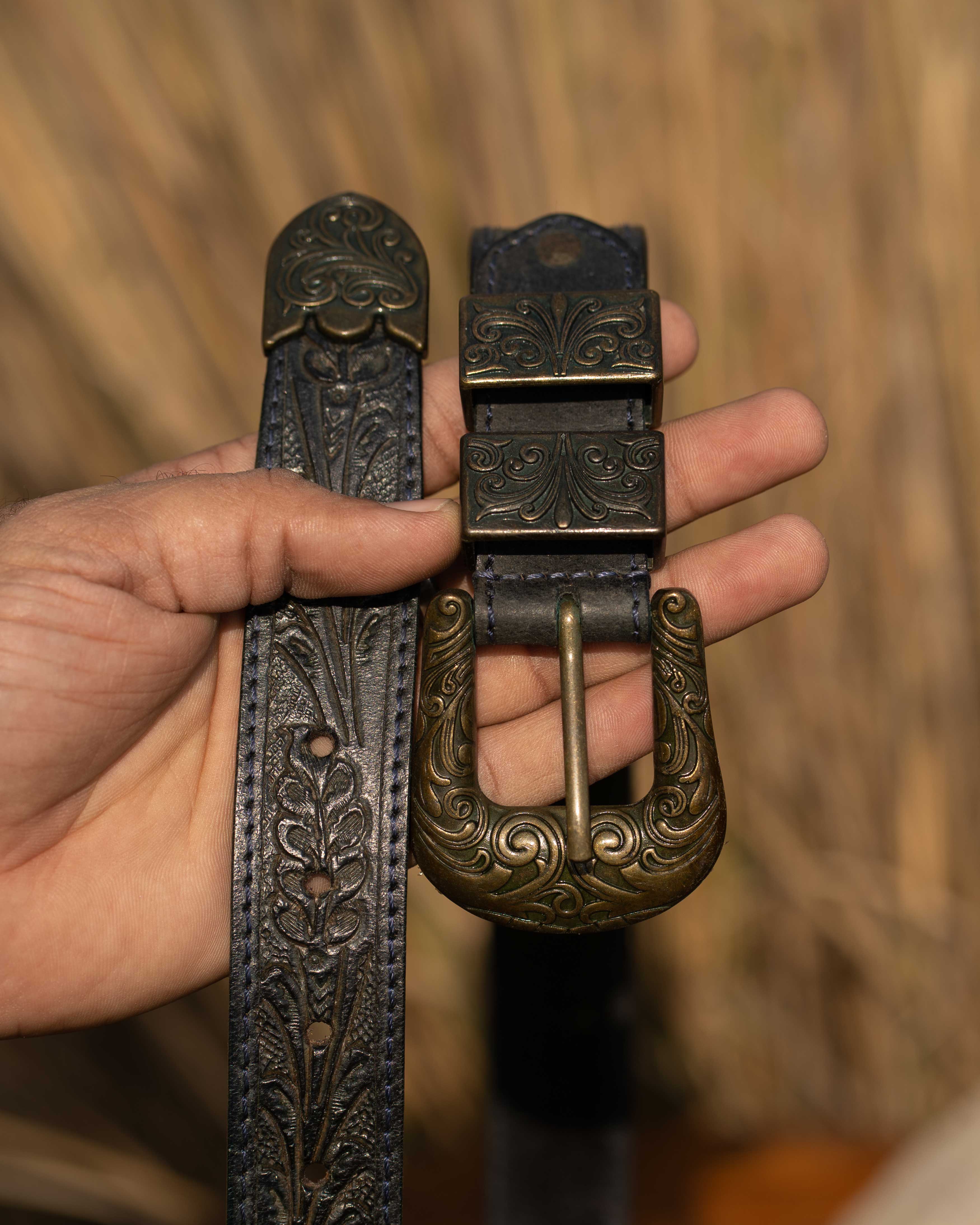 StacheMan's Dark Denim Blue Golden Leather Tooled Belt