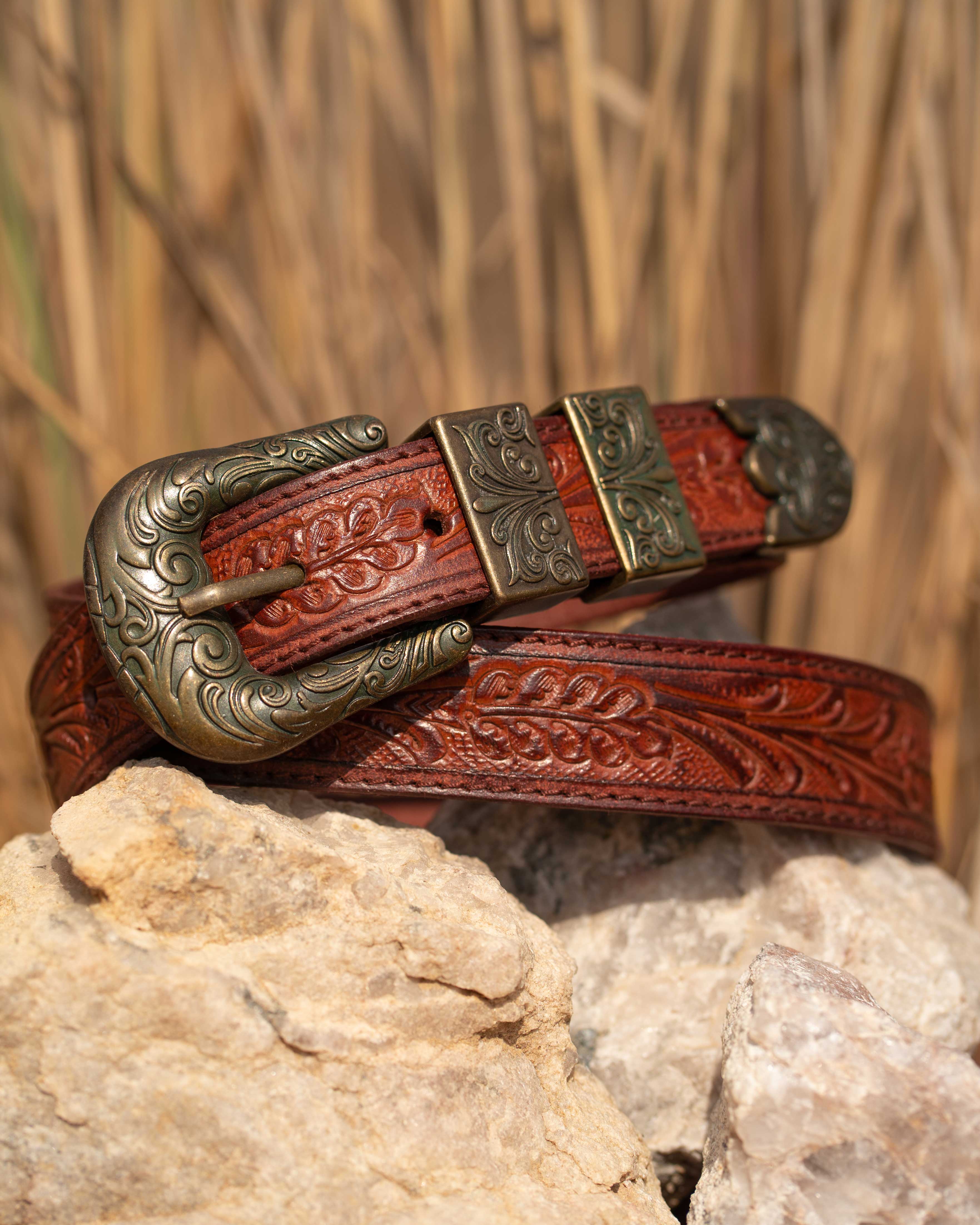 StacheMan's Red Wine Golden Leather Tooled Belt