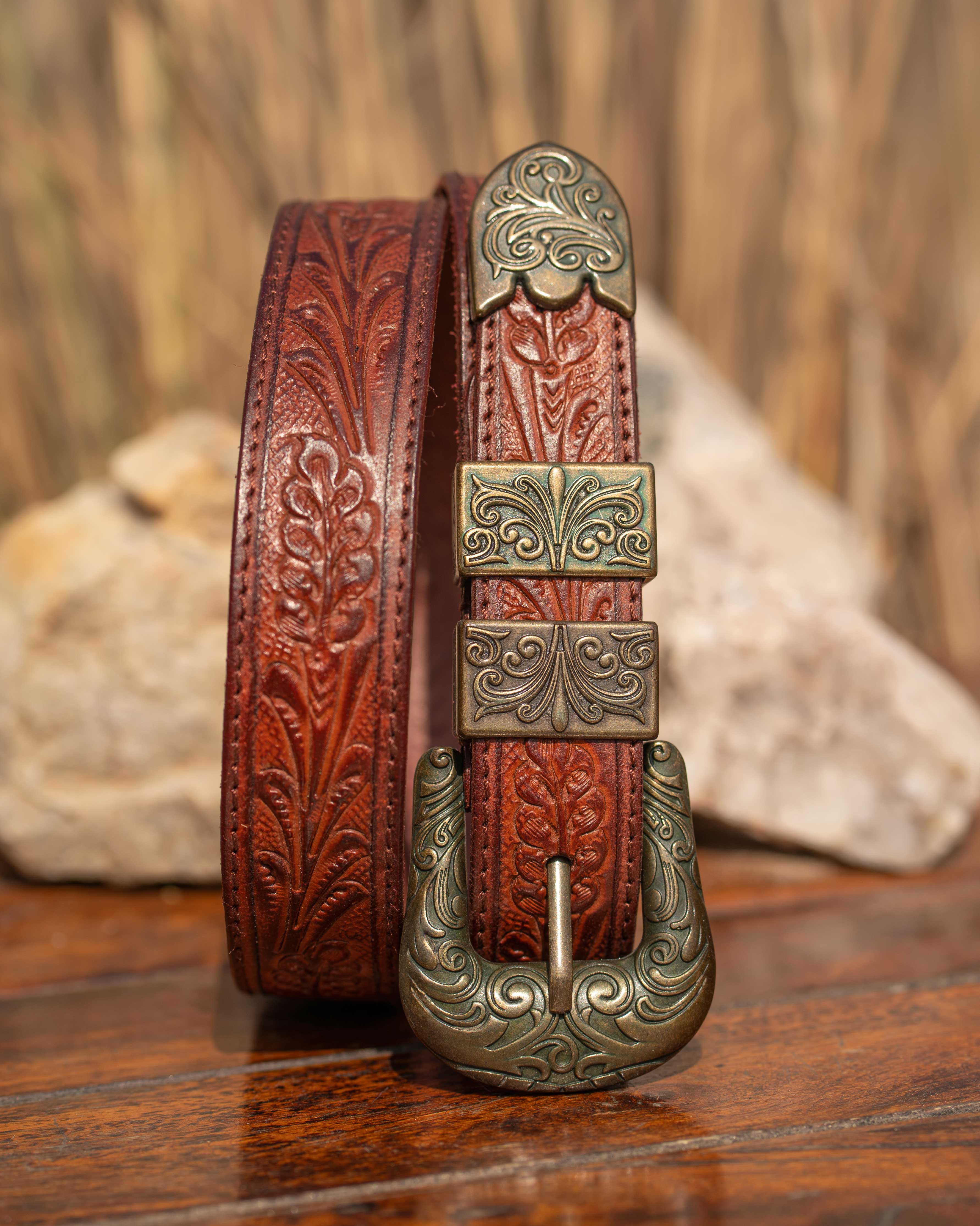 StacheMan's Red Wine Golden Leather Tooled Belt