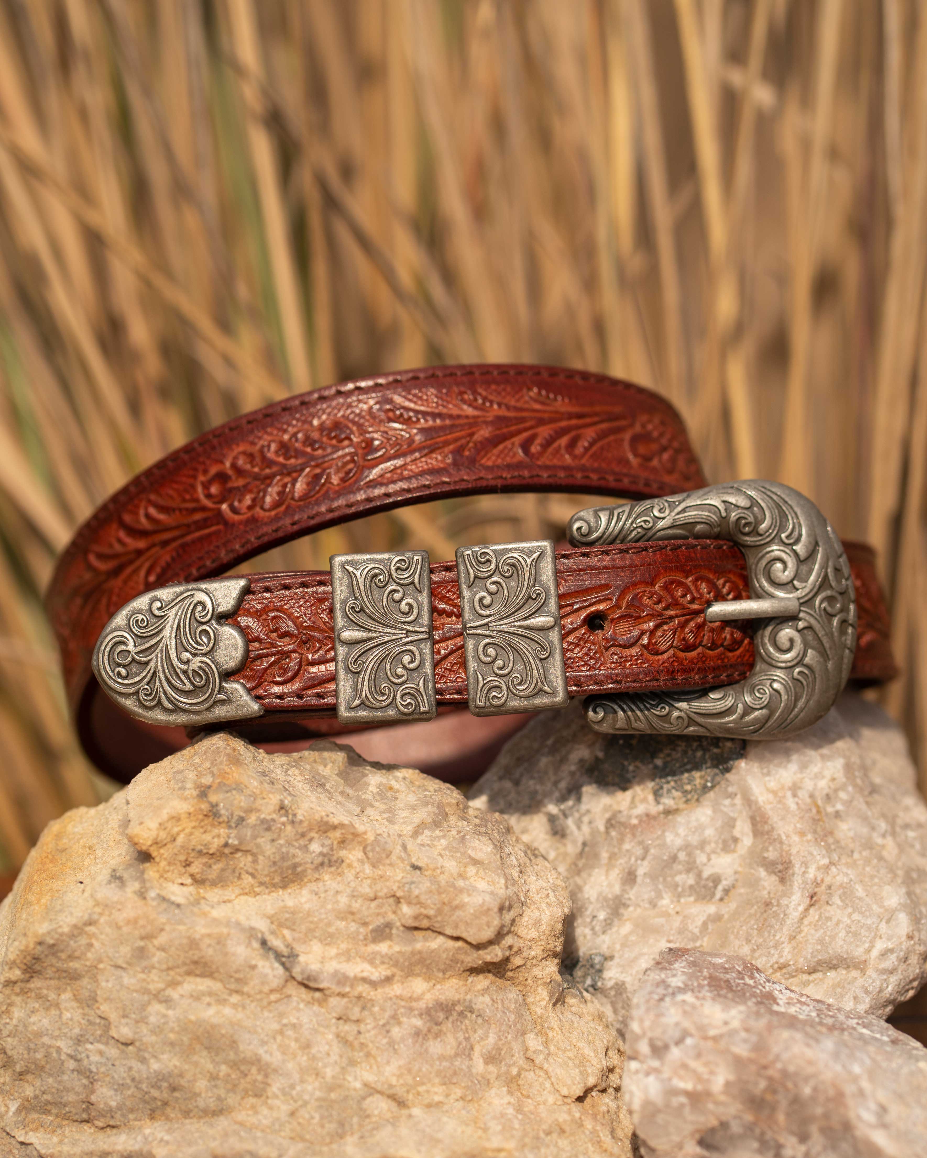 StacheMan's Red Wine Silver Leather Tooled Belt