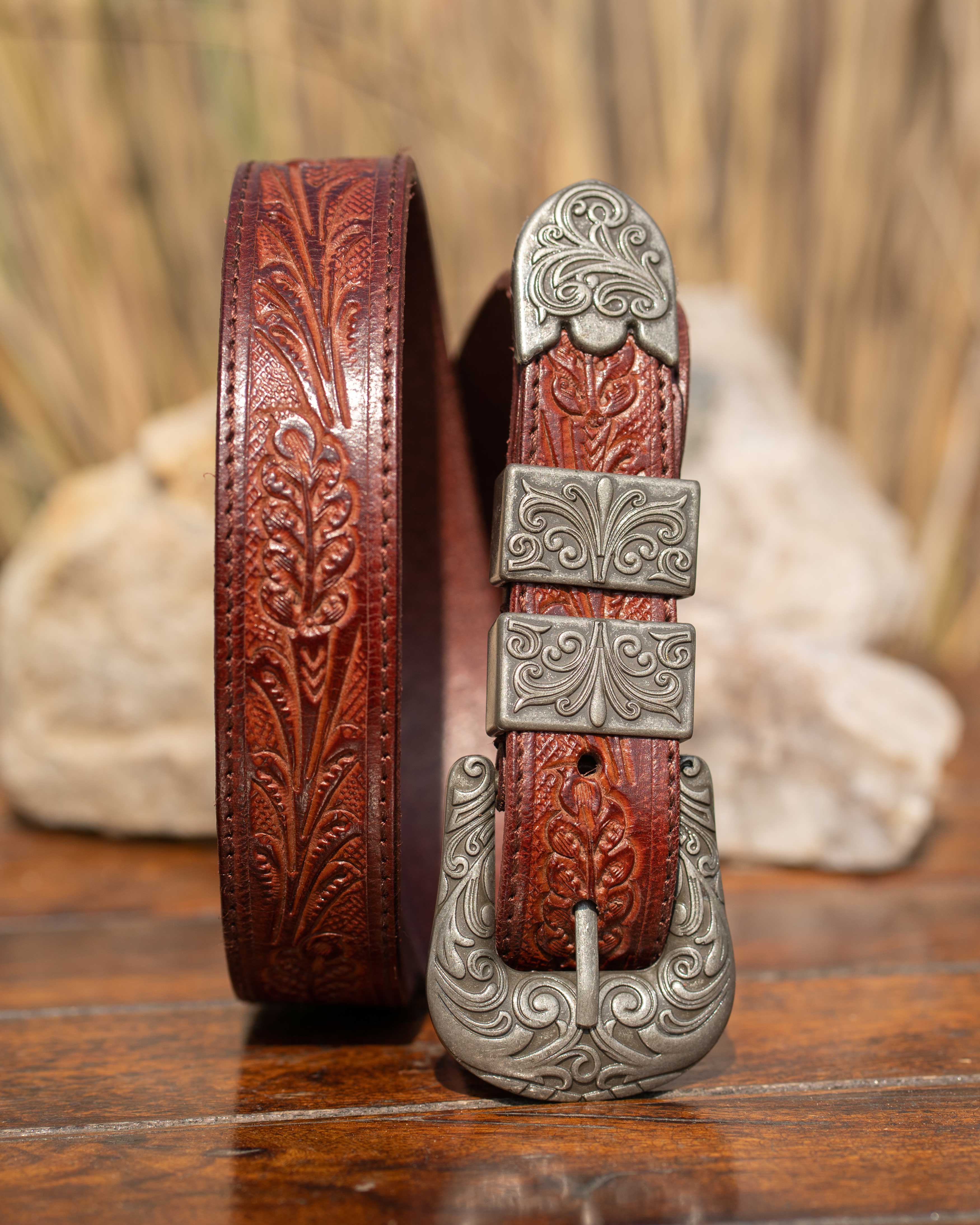 StacheMan's Red Wine Silver Leather Tooled Belt