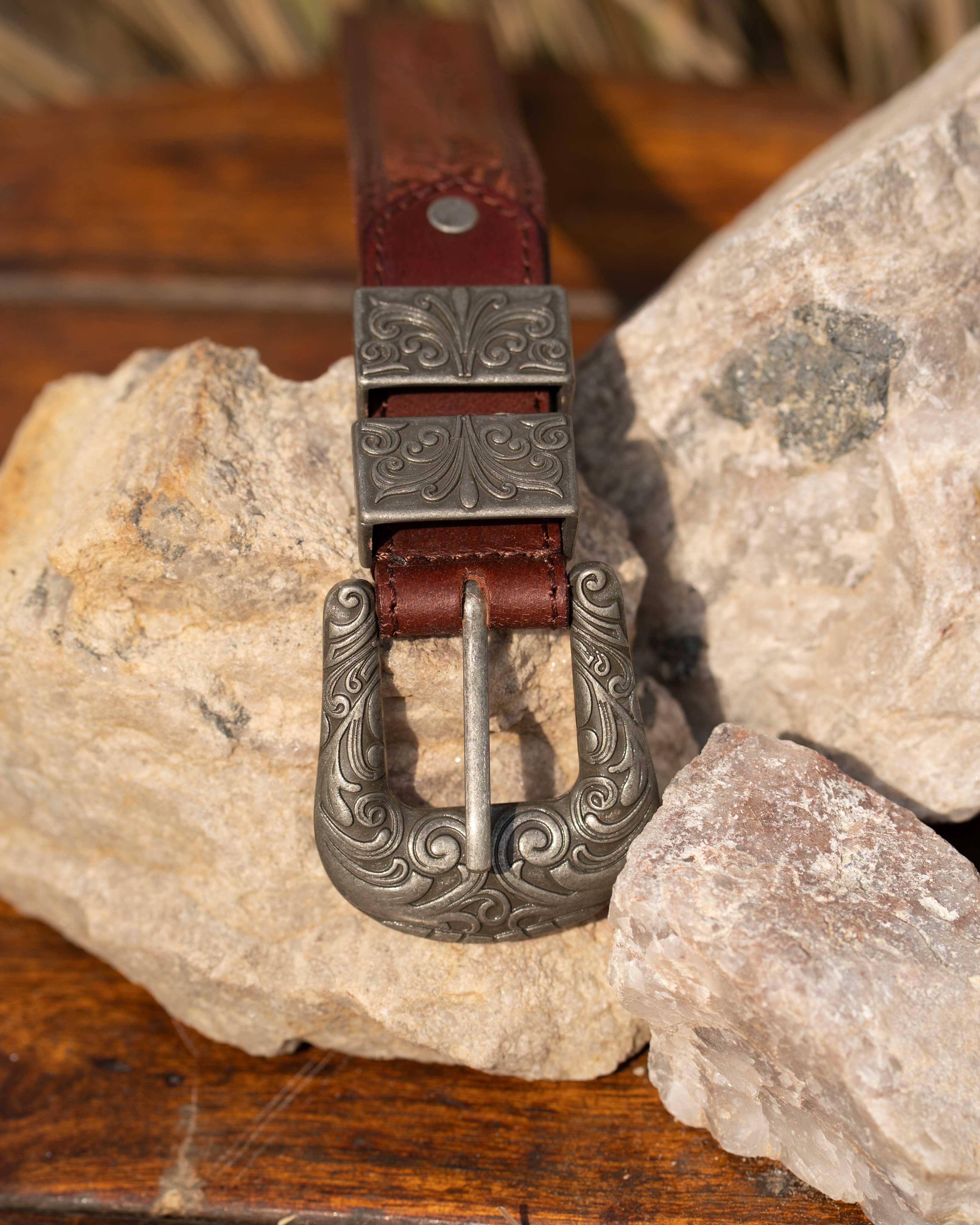 StacheMan's Red Wine Silver Leather Tooled Belt