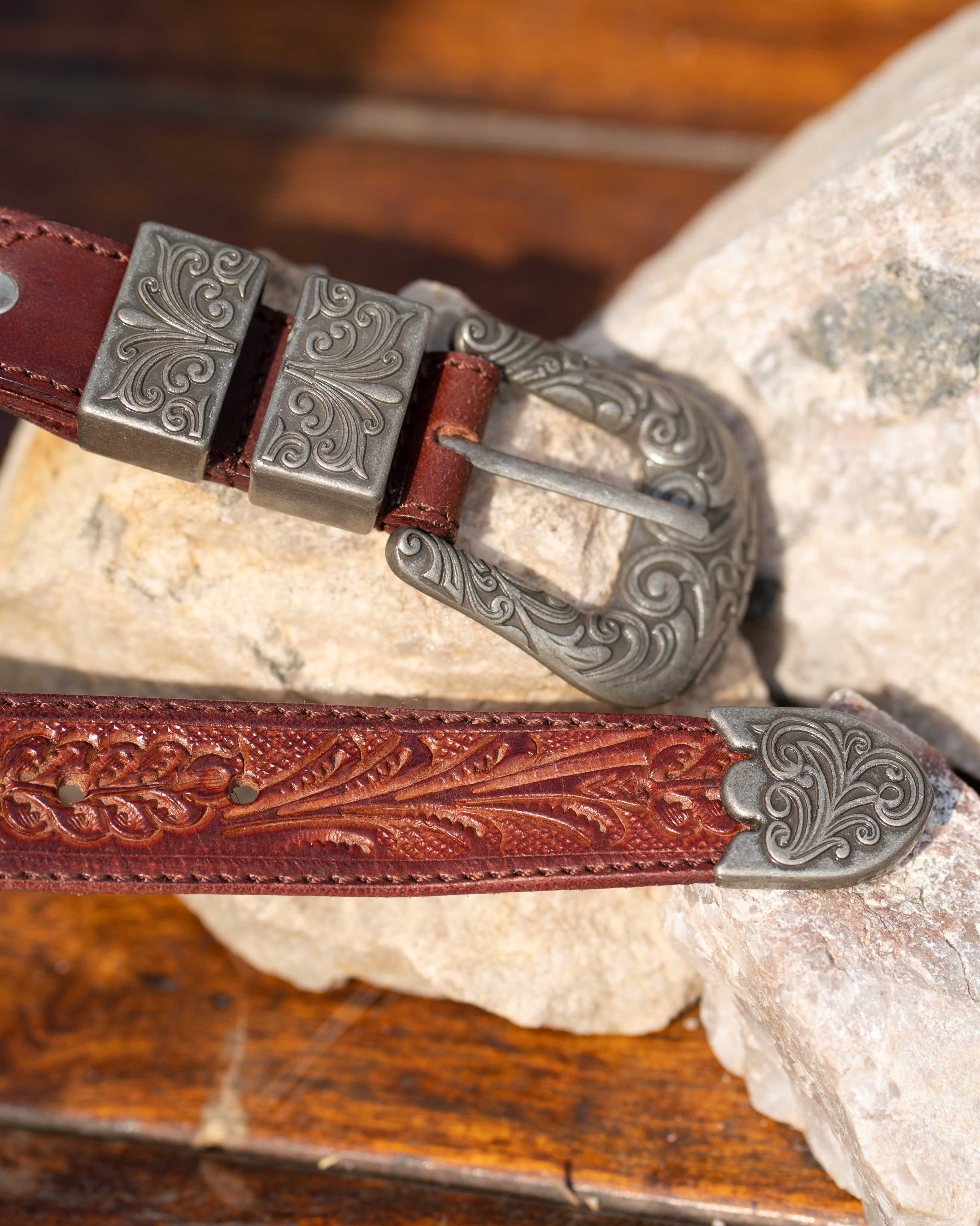 StacheMan's Red Wine Silver Leather Tooled Belt