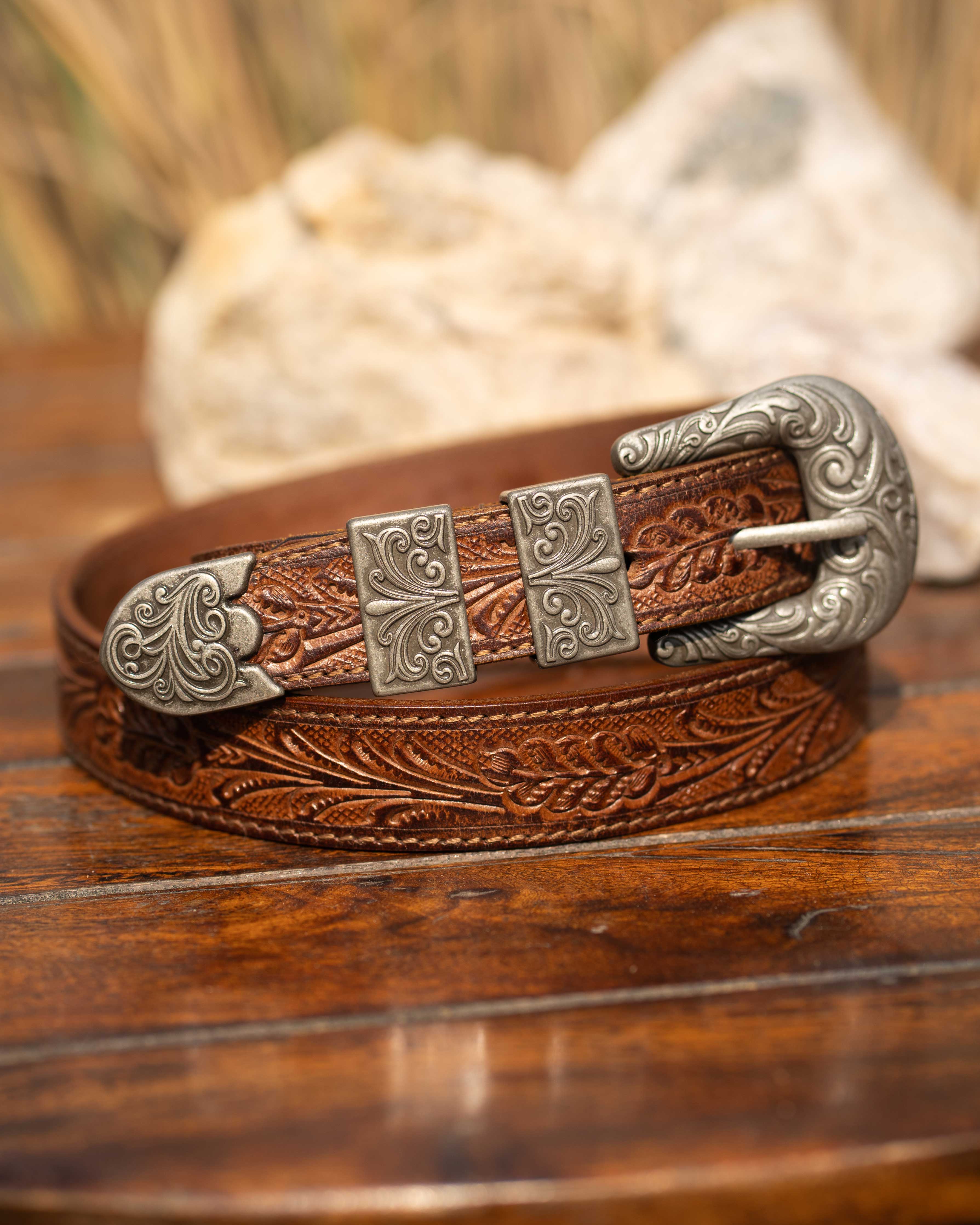 StacheMan's Classic Tan Silver Leather Tooled Belt