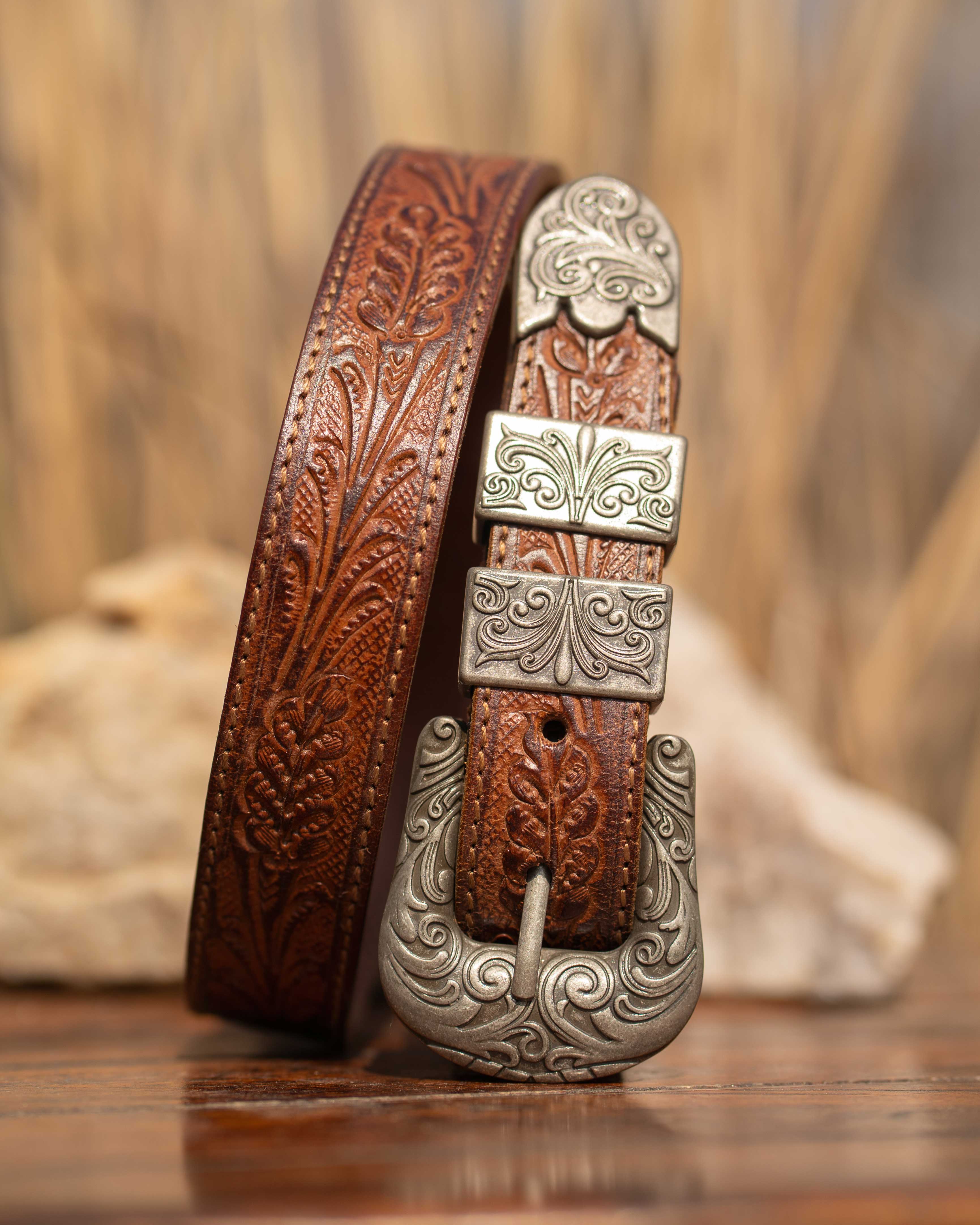 StacheMan's Classic Tan Silver Leather Tooled Belt