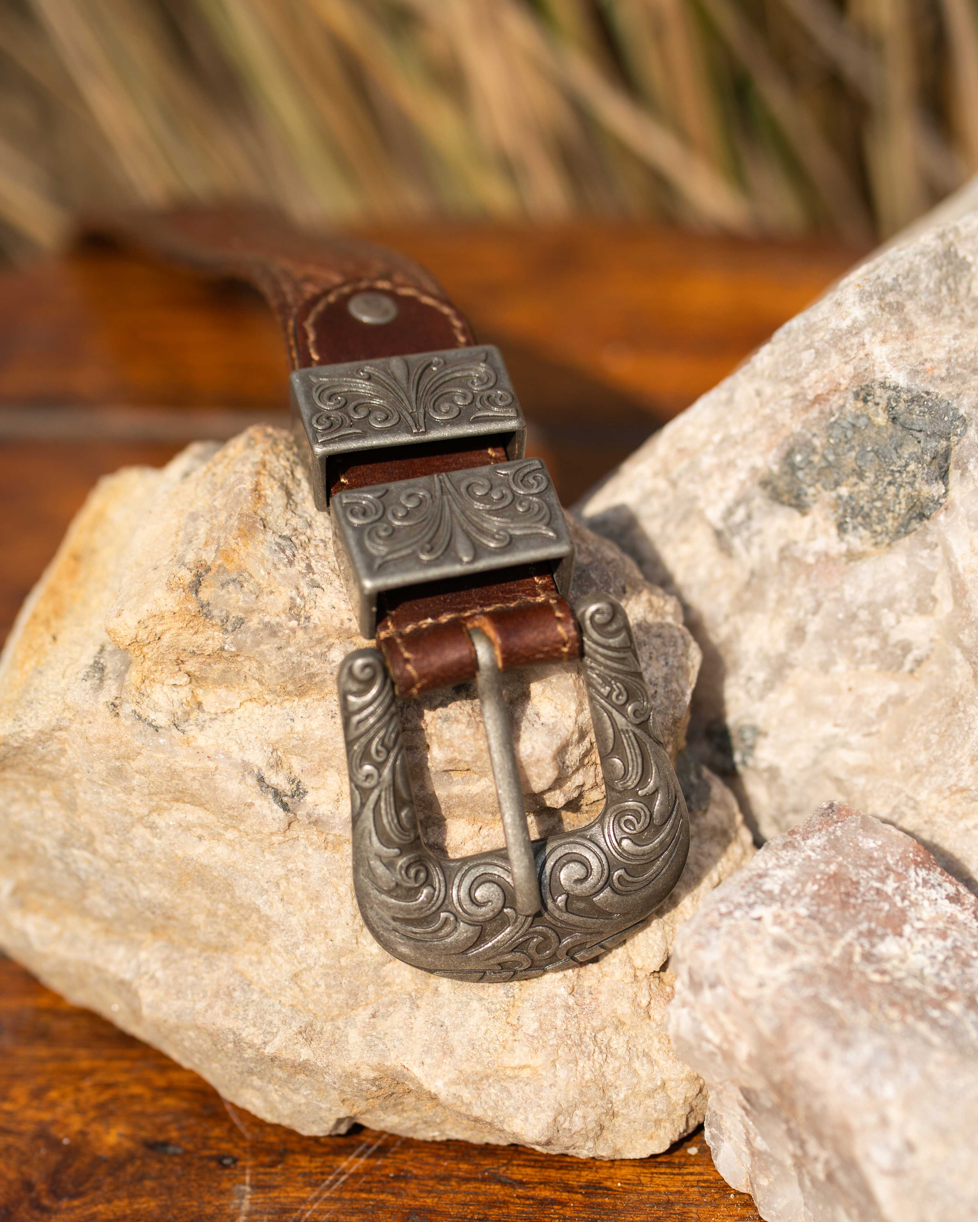 StacheMan's Classic Tan Silver Leather Tooled Belt