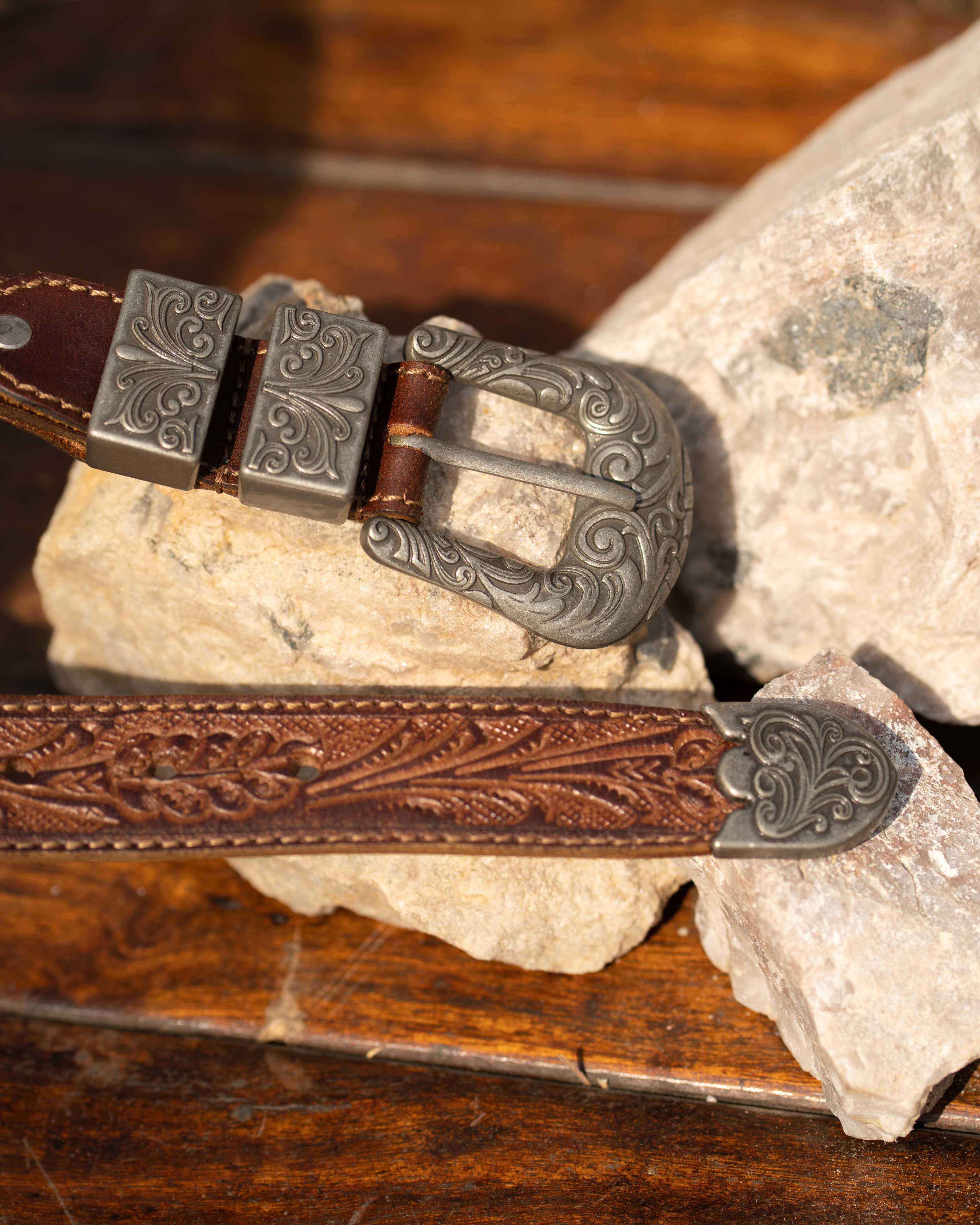 StacheMan's Classic Tan Silver Leather Tooled Belt