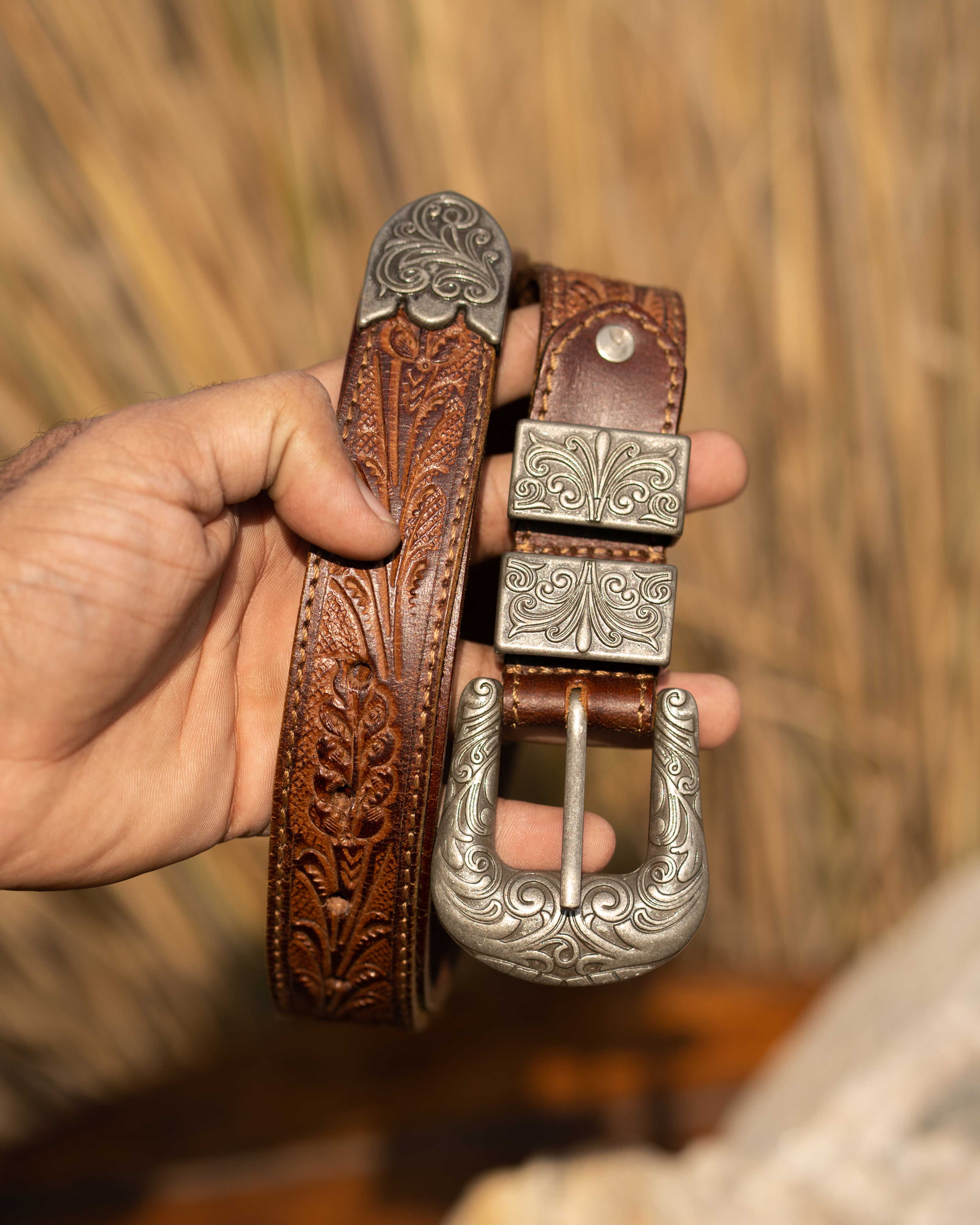 StacheMan's Classic Tan Silver Leather Tooled Belt