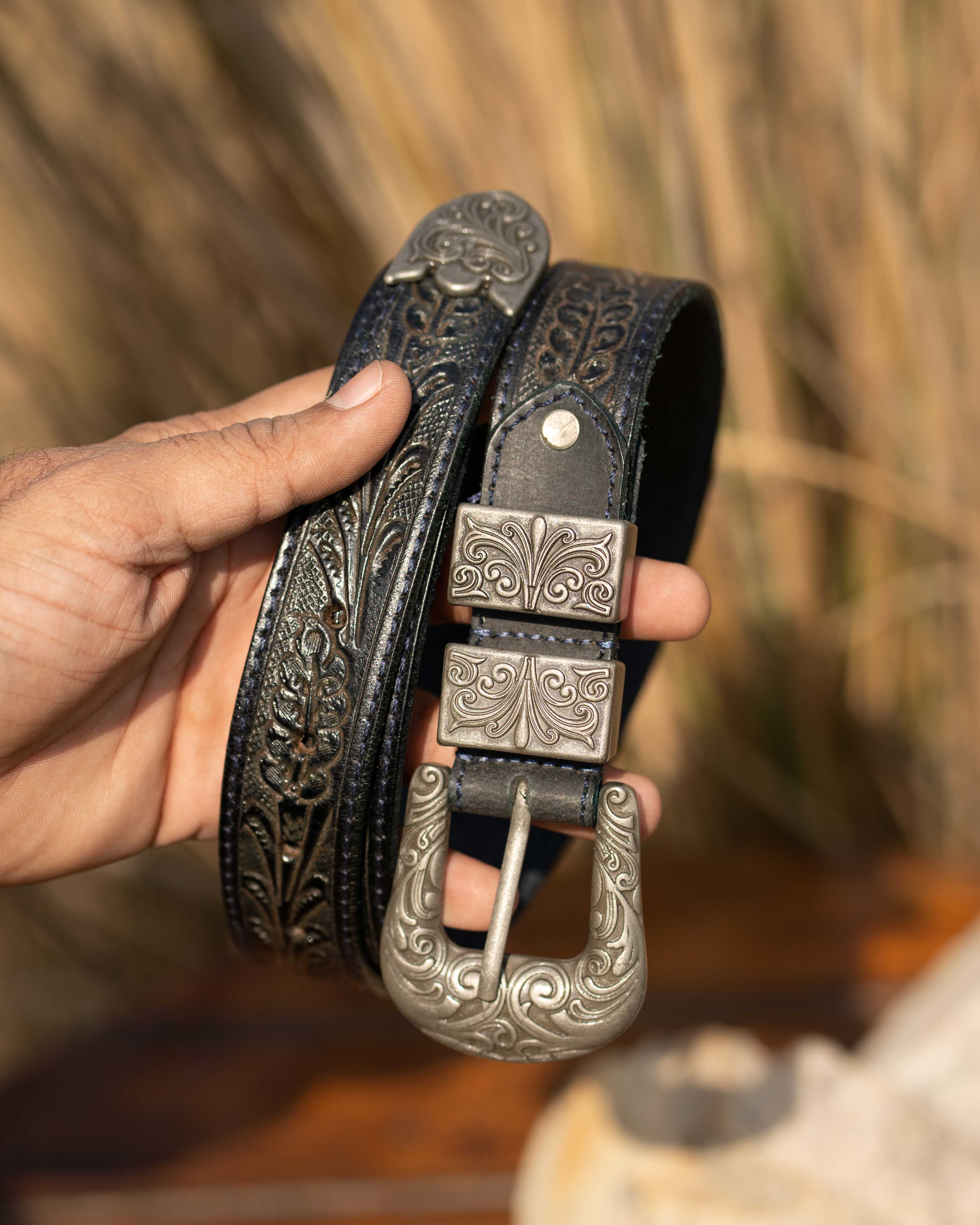 StacheMan's Dark Denim Blue Silver Leather Tooled Belt