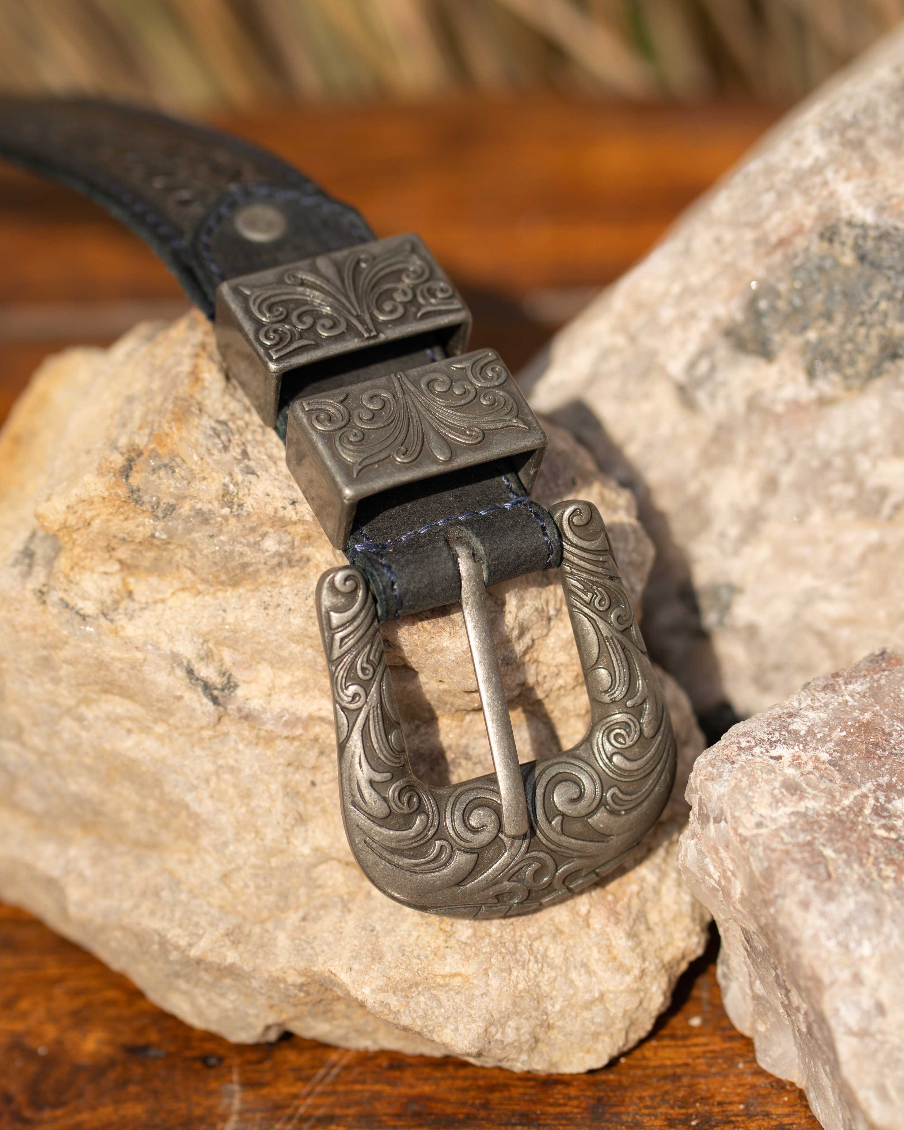 StacheMan's Dark Denim Blue Silver Leather Tooled Belt