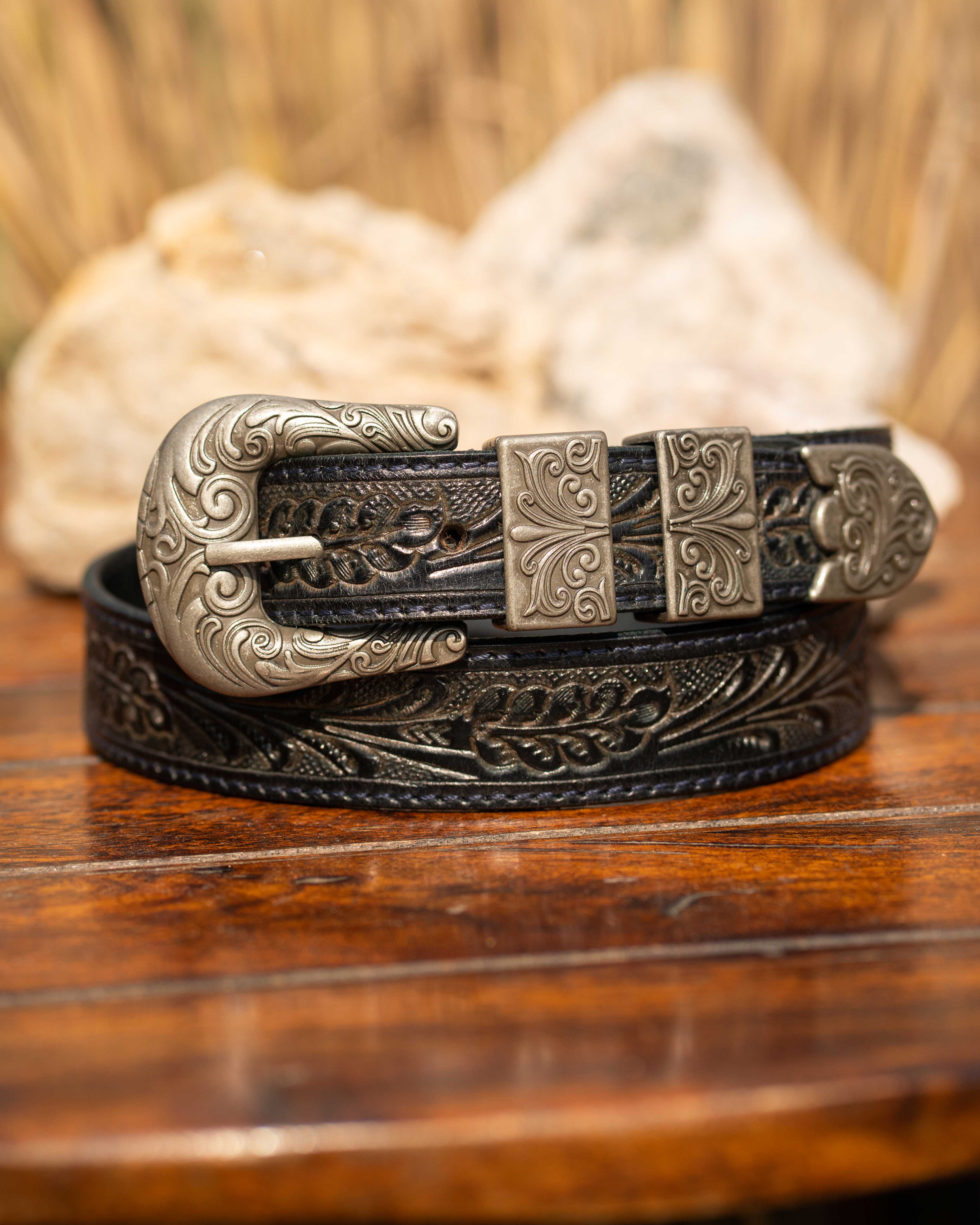 StacheMan's Dark Denim Blue Silver Leather Tooled Belt