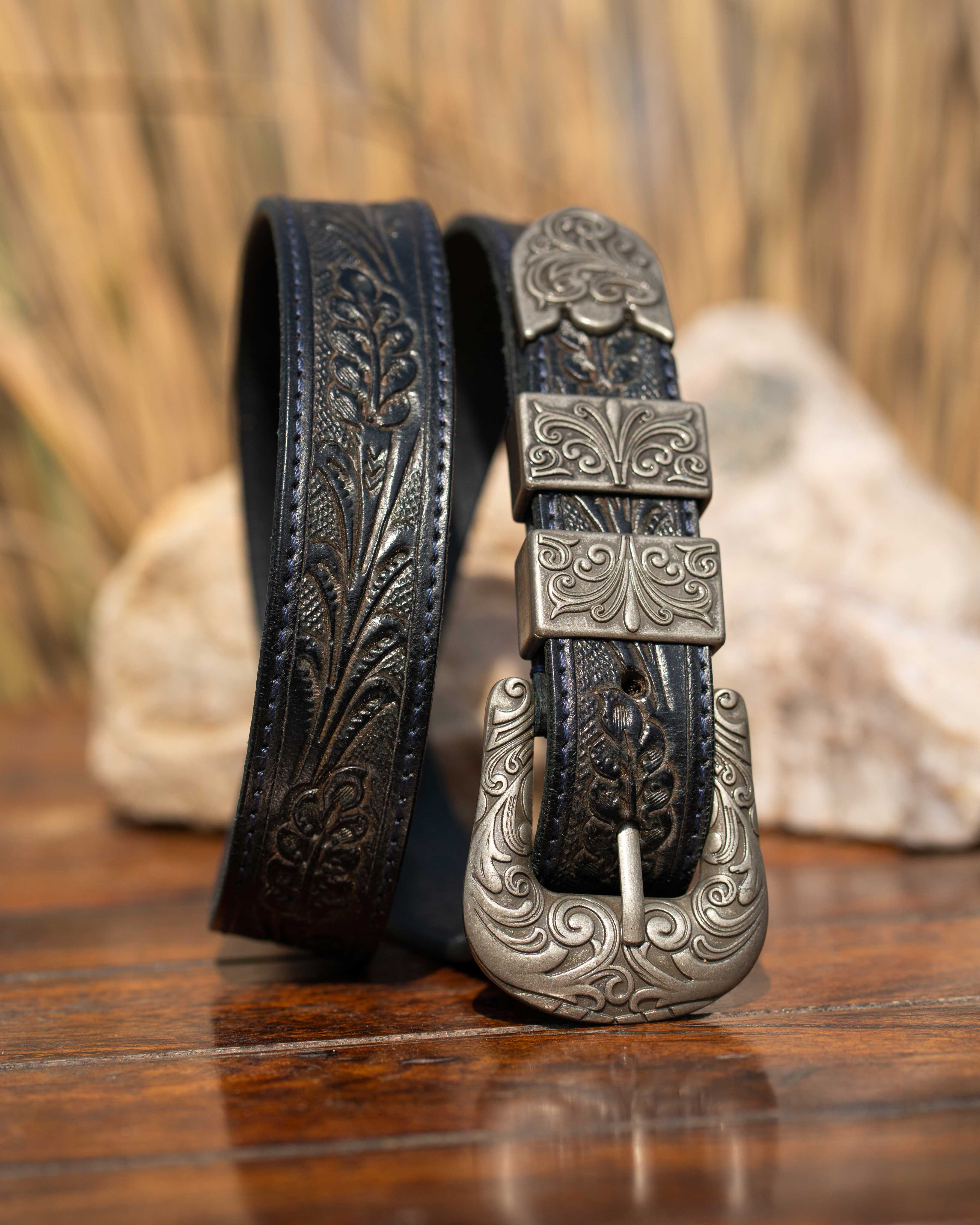 StacheMan's Dark Denim Blue Silver Leather Tooled Belt