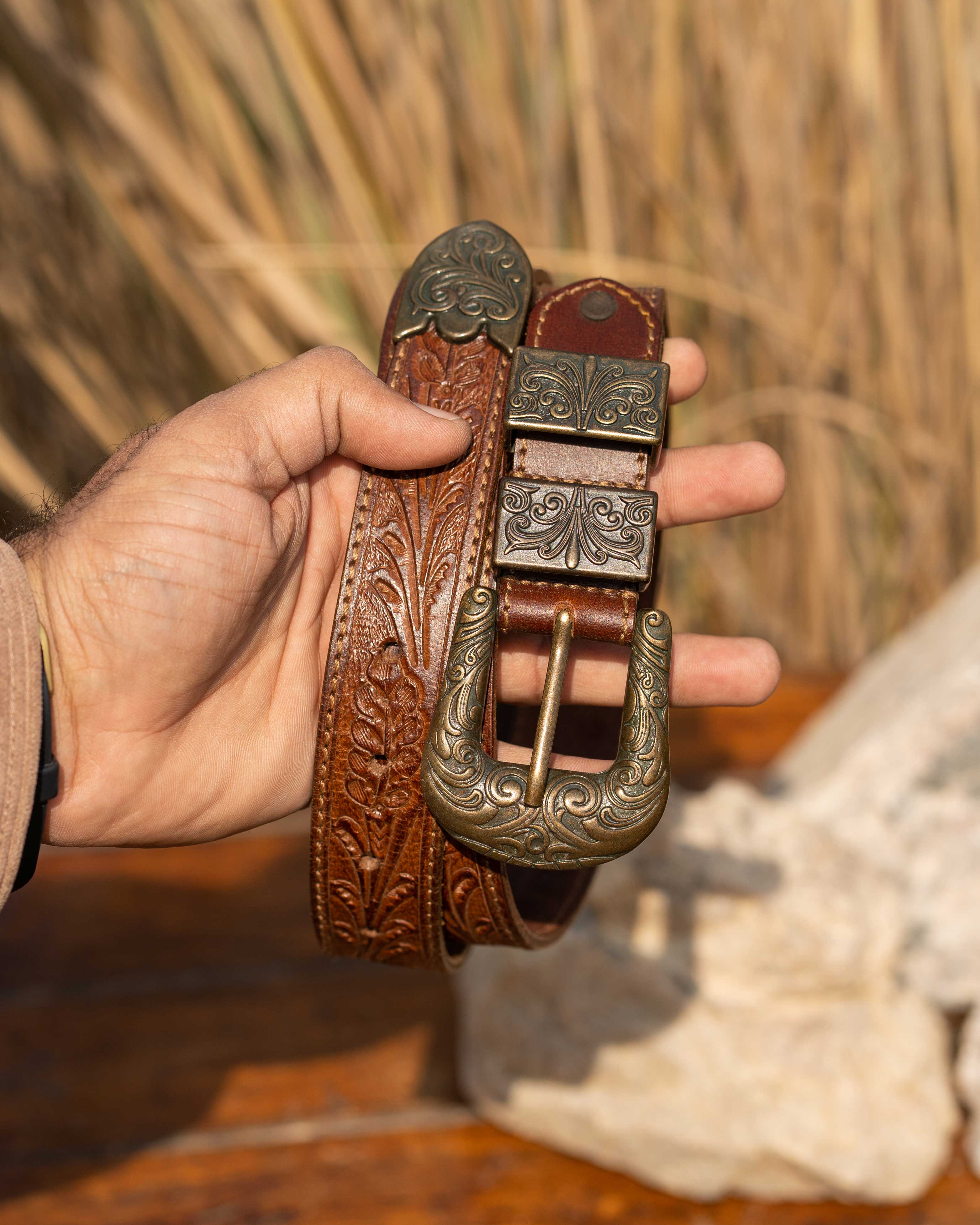 StacheMan's Classic Tan Golden Leather Tooled Belt